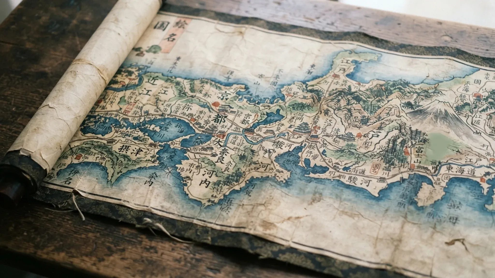 An old hand‑drawn map of Japan on aged parchment, showing coastal outlines and handwritten labels.