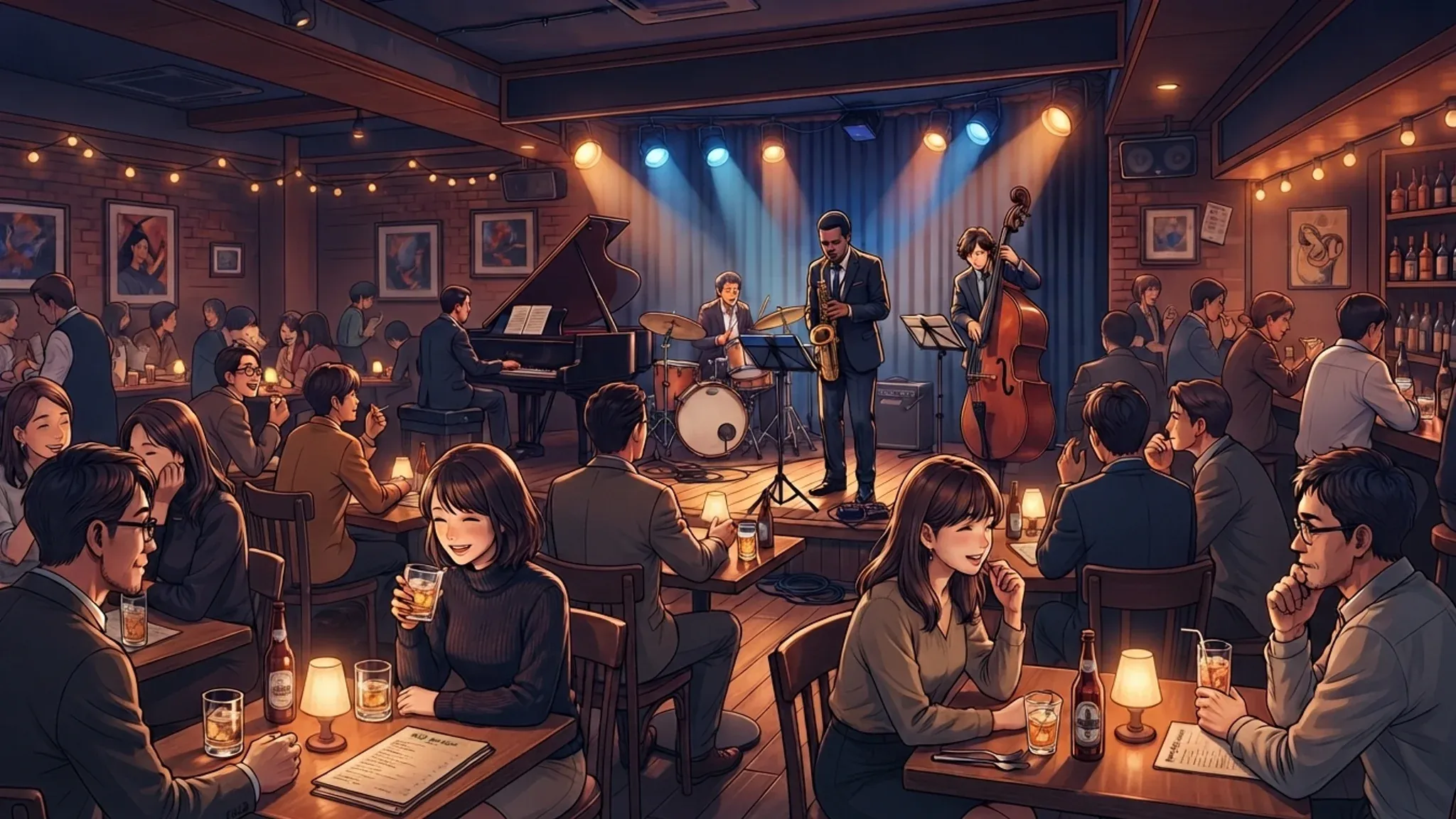 A jazz band performing on stage in a cozy club while guests enjoy drinks at candlelit tables.