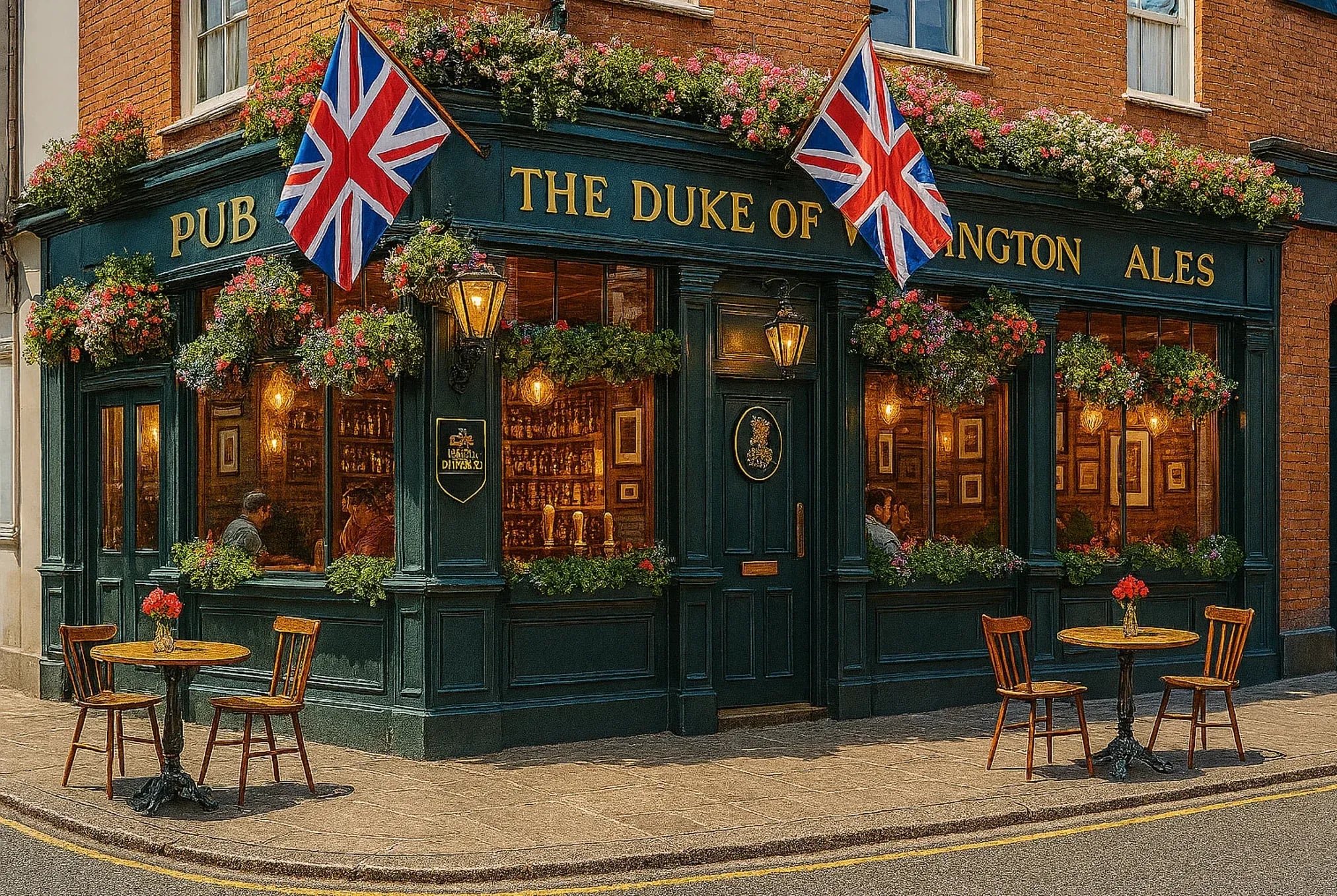 The exterior of a traditional British pub with Union Jack flags, hanging flowers, and warm light glowing through its windows.