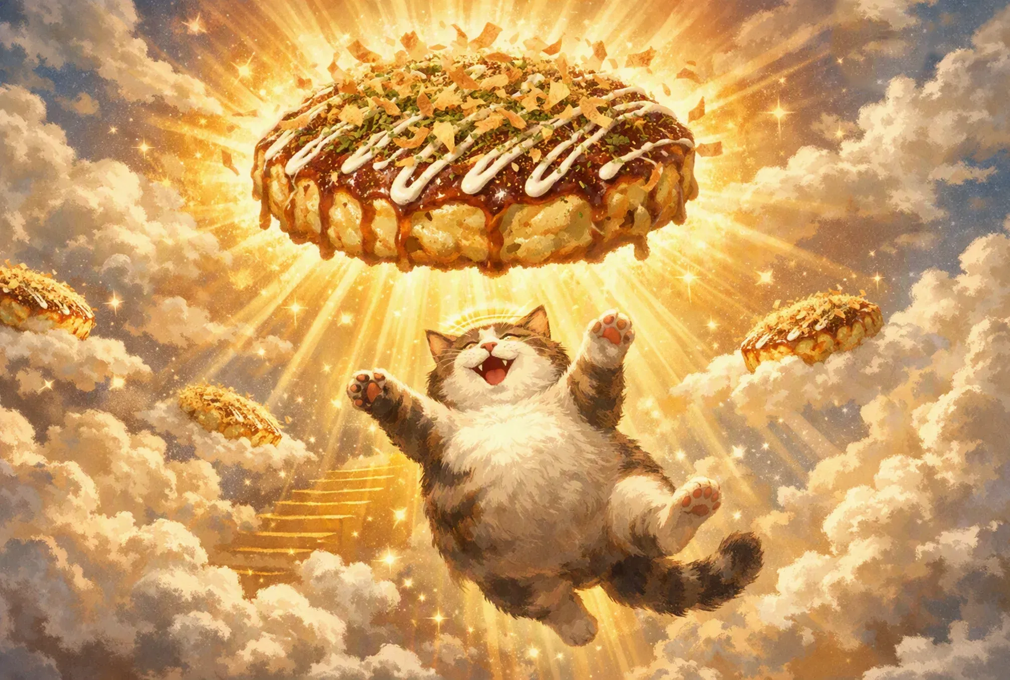 A fluffy cat floating joyfully among golden clouds, reaching toward a glowing okonomiyaki shining like the sun.