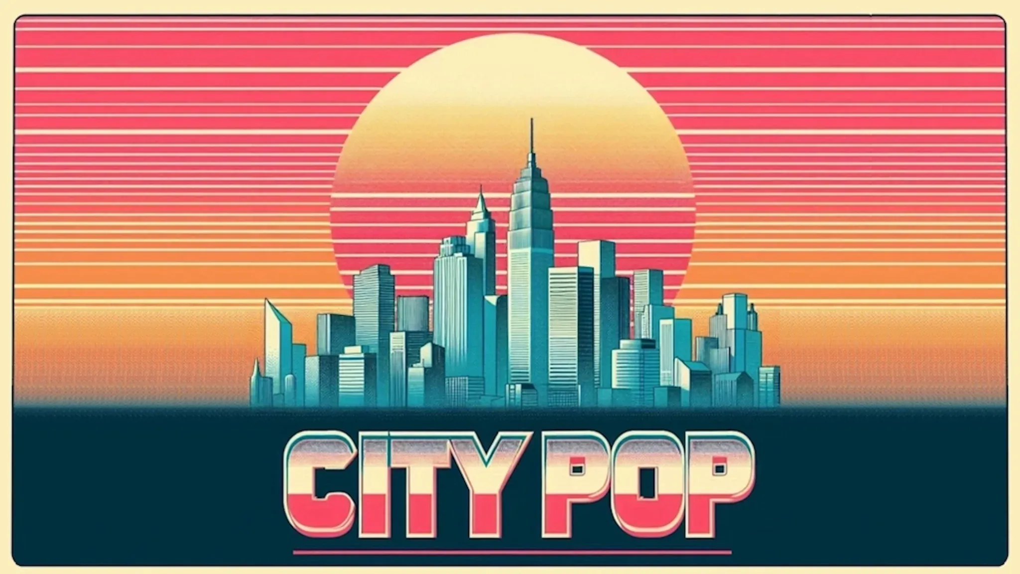 オレンジ色の太陽とピンクのストライプの下に広がる都市のシルエット。「CITY POP」の文字がグラデーションで描かれている。