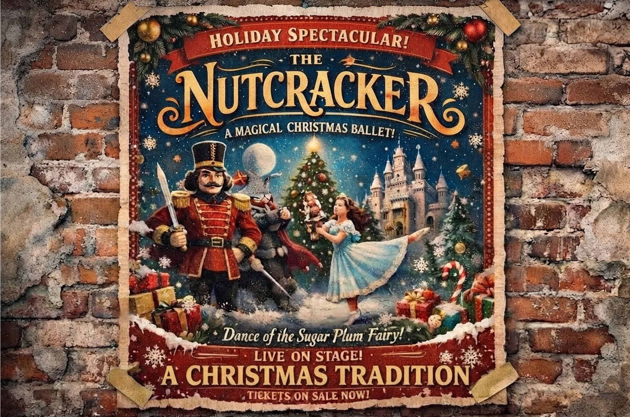 くるみ割り人形のクリスマスバレエを告知する華やかなポスター。兵隊人形とバレリーナ、飾られたツリーが描かれている。