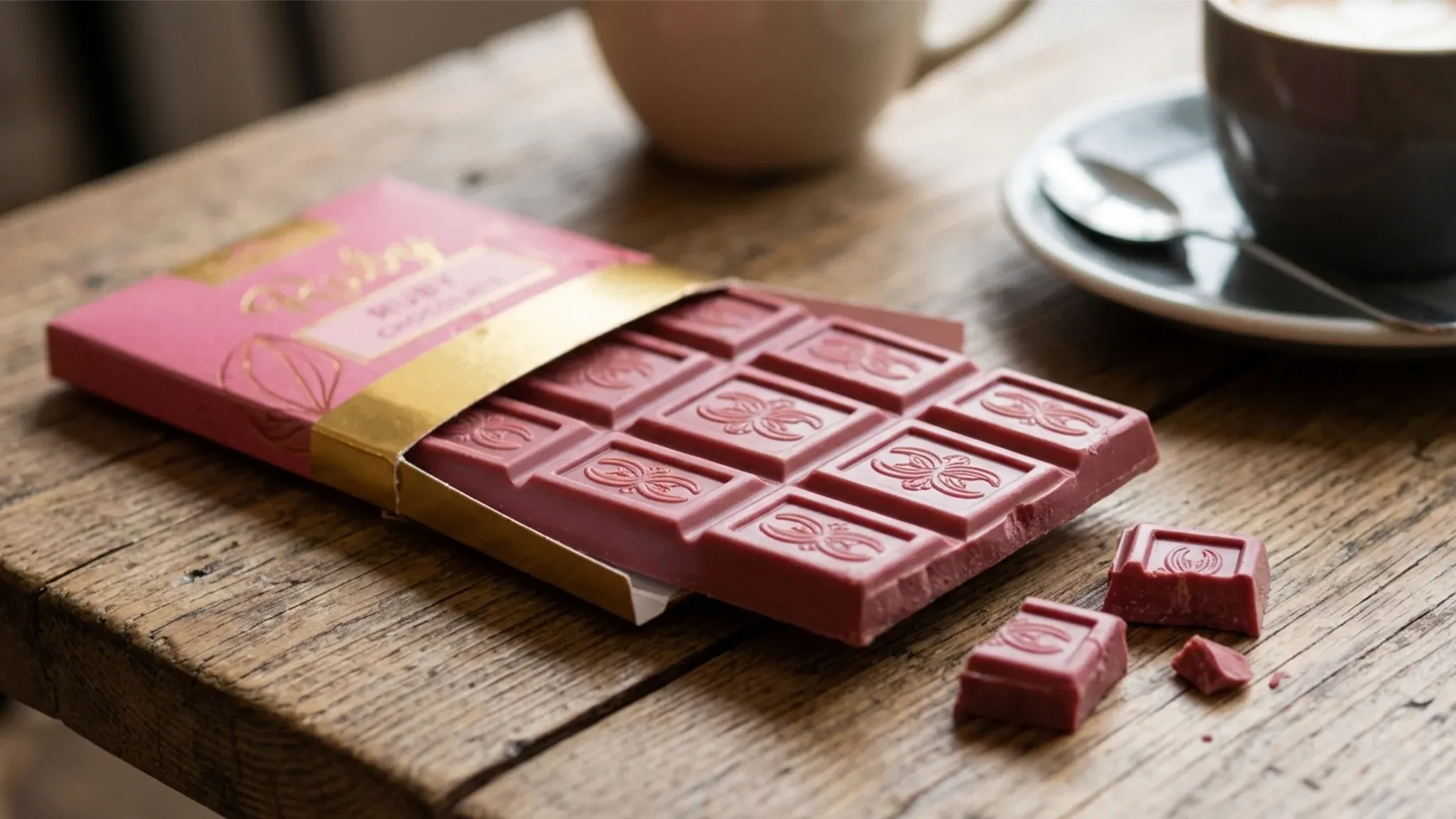 Ruby chocolate bar on a wooden table beside a cup of coffee.