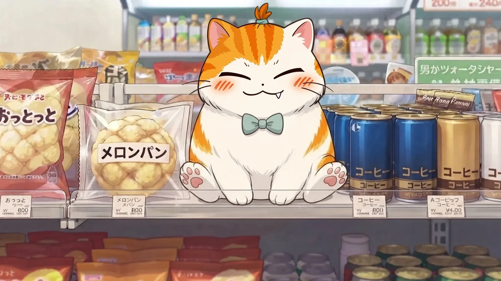 Cute orange‑and‑white cat with a green bow tie sitting on a convenience‑store shelf beside melon bread.